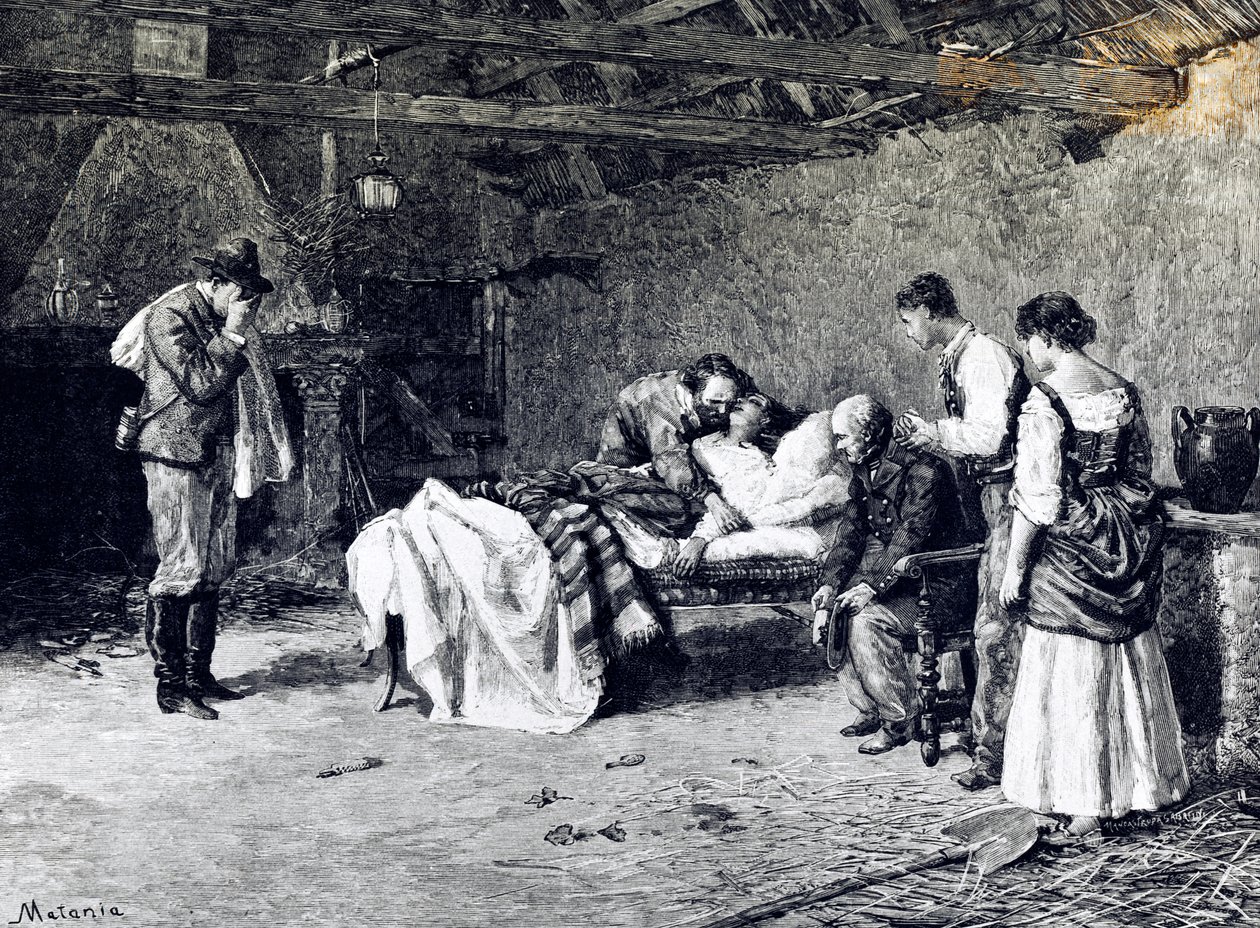Anita Garibaldis død på gården til Marquis Guiccioli (illustrasjon) av Edouardo Matania