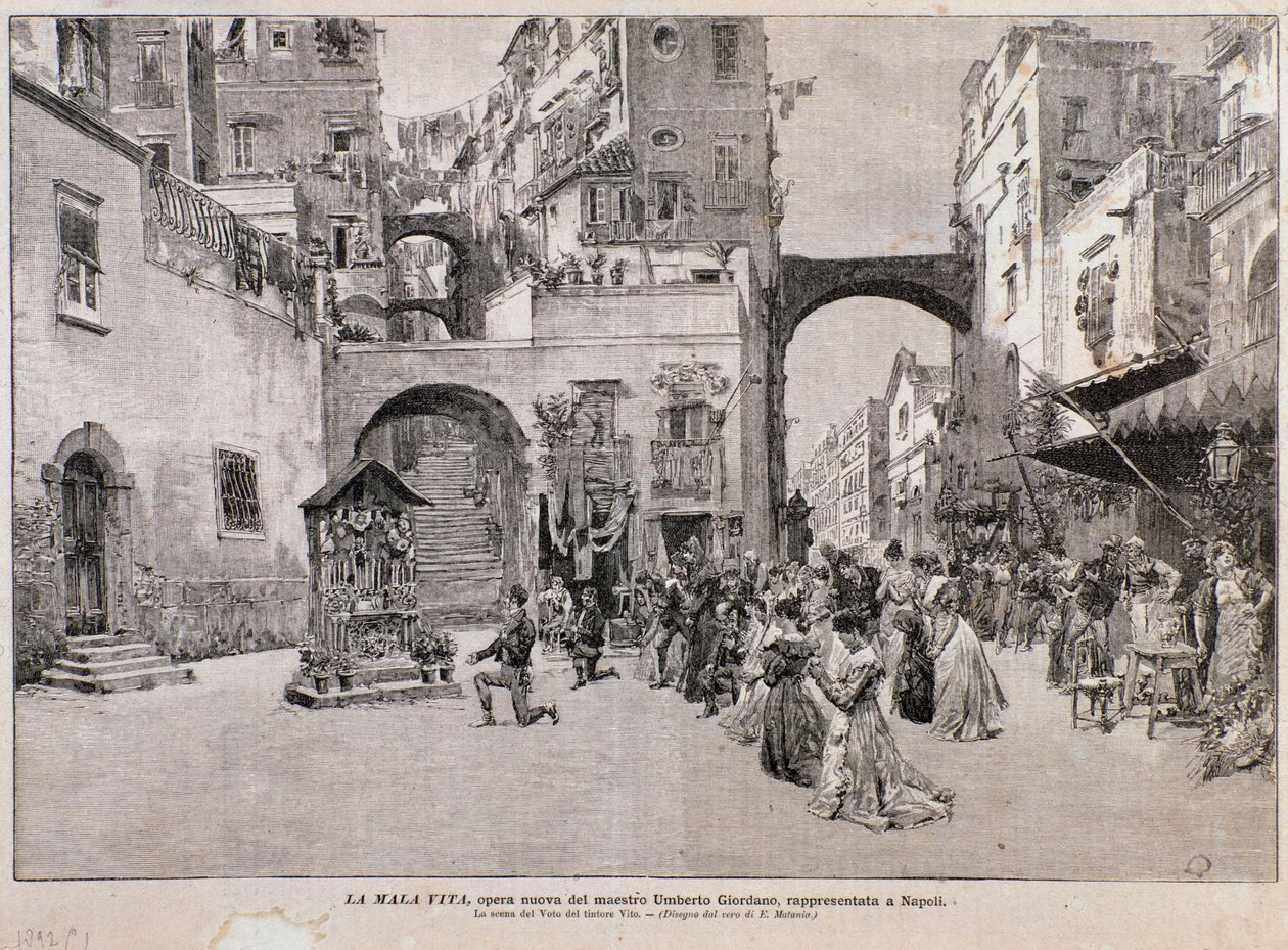 Representasjon av Vitos stemme, fra La mala vita, opera av Umberto Giordano (gravering) av Edouardo Matania