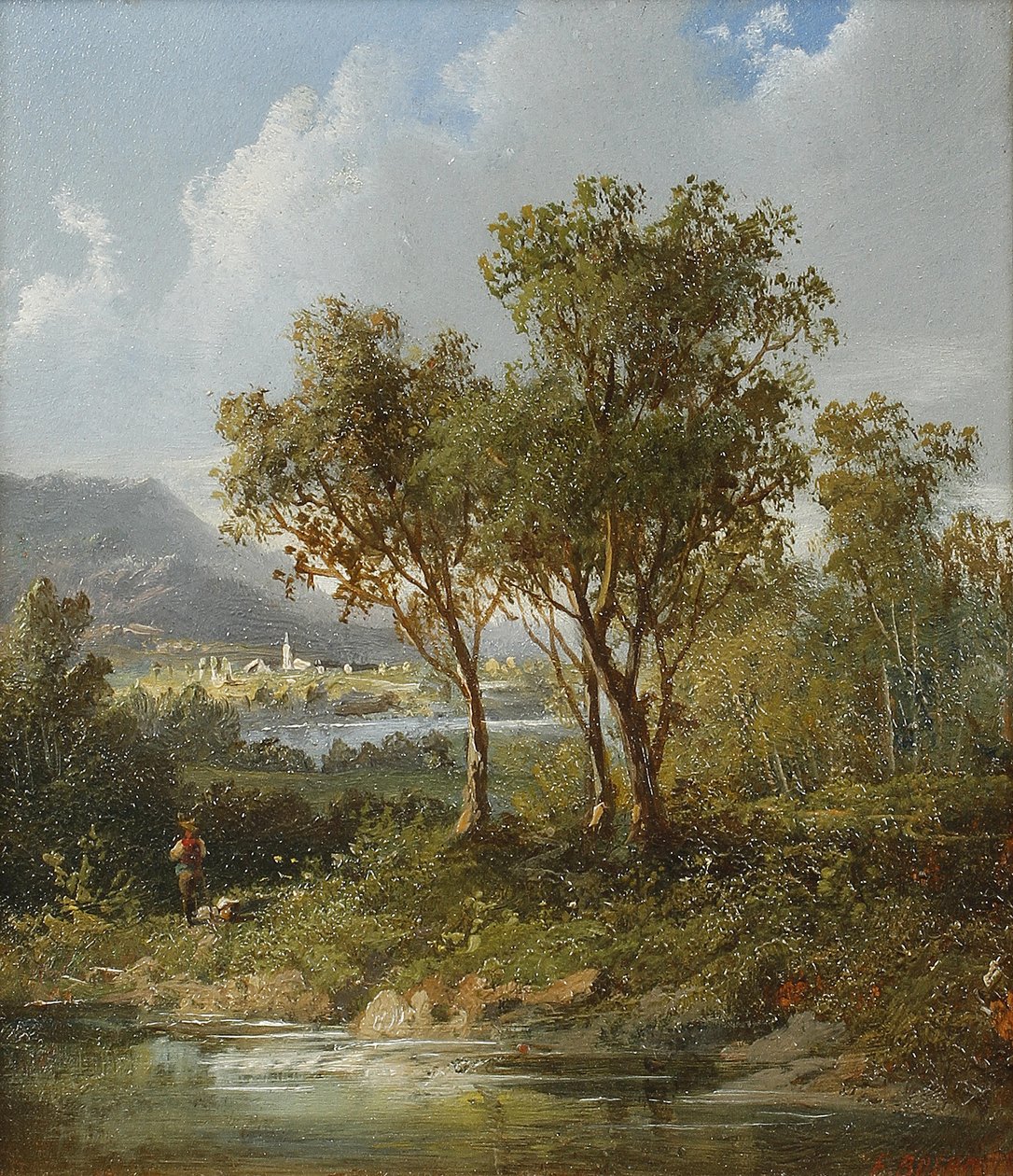 Figur ved siden av en innsjø med fjerne fjell av Eduard Boehm