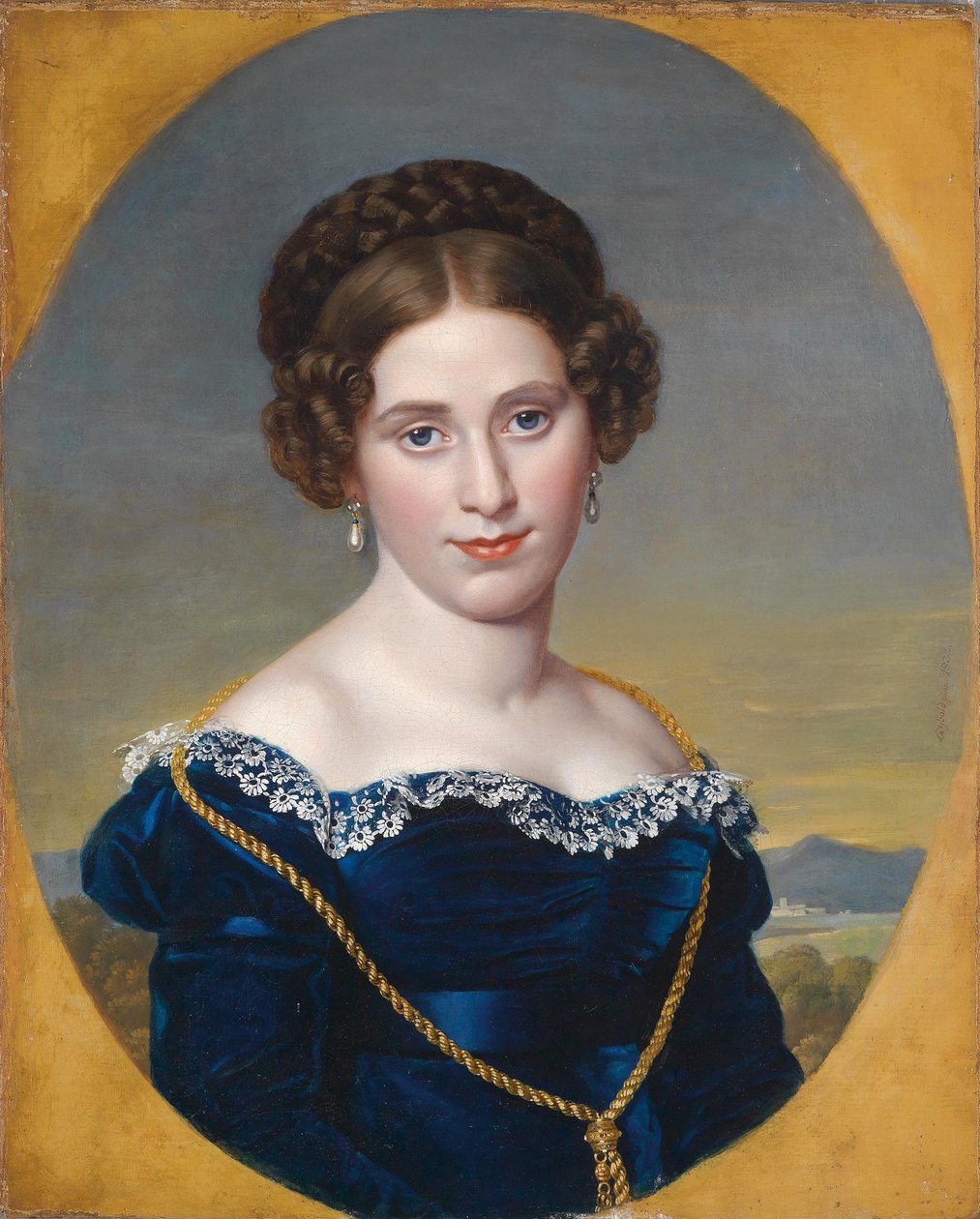 Portrett av en ung kvinne / portrett av en dame foran landskapsbakgrunn av Eduard Friedrich Leybold