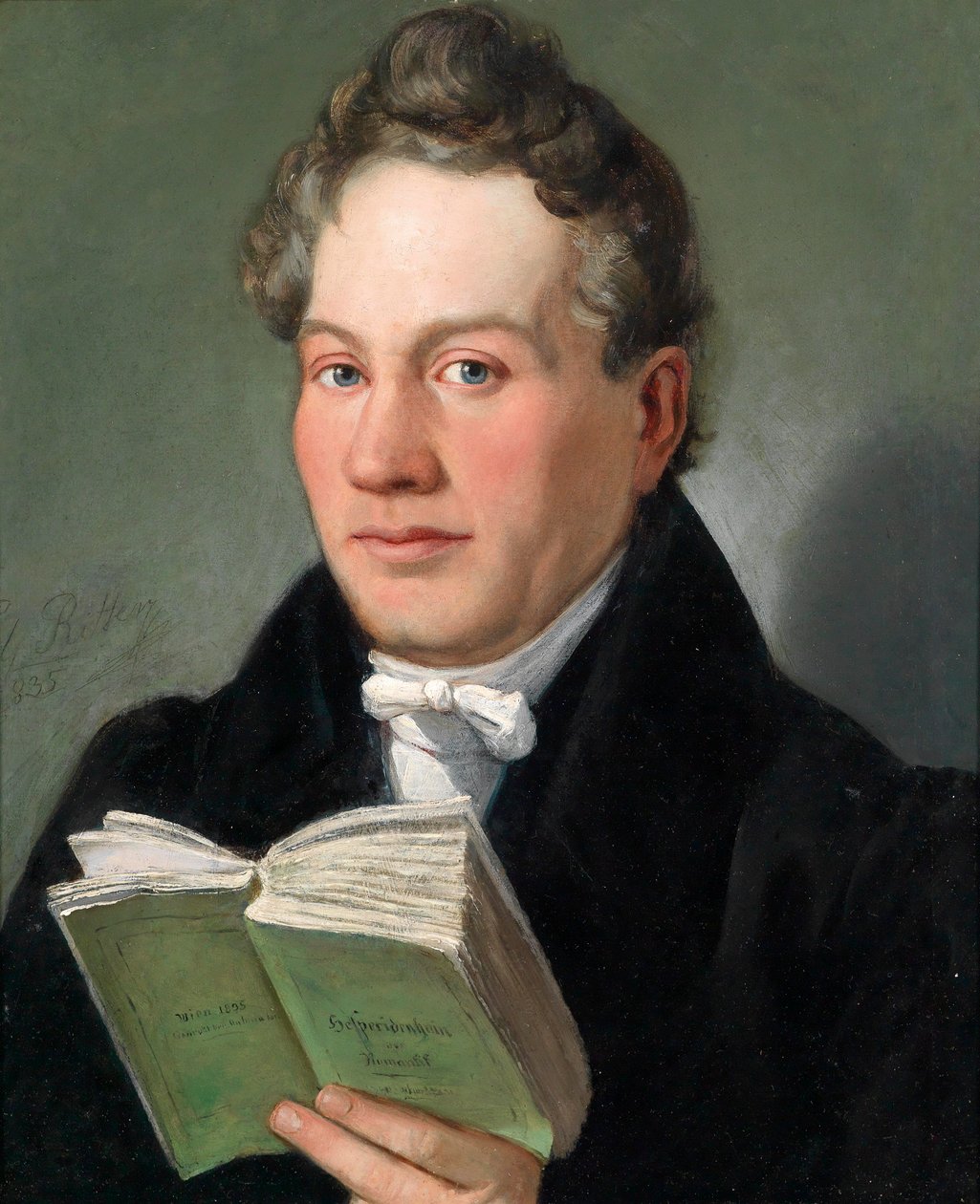 Portrett av den wienske forfatteren Christoph Kuffner (1777–1846) med sin bok Hesperidenhain der Romantik av Eduard Ritter
