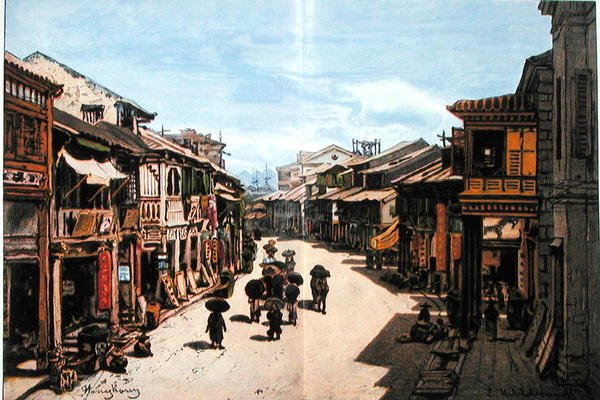 En gate i Hong Kong på midten av det nittende århundre (farge litho) av Eduard (after) Hildebrandt