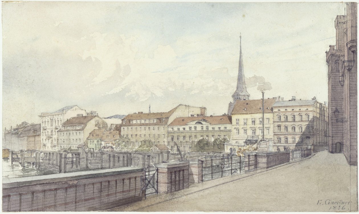 Mühlendamm og Burgstraße i Berlin av Eduard Gaertner