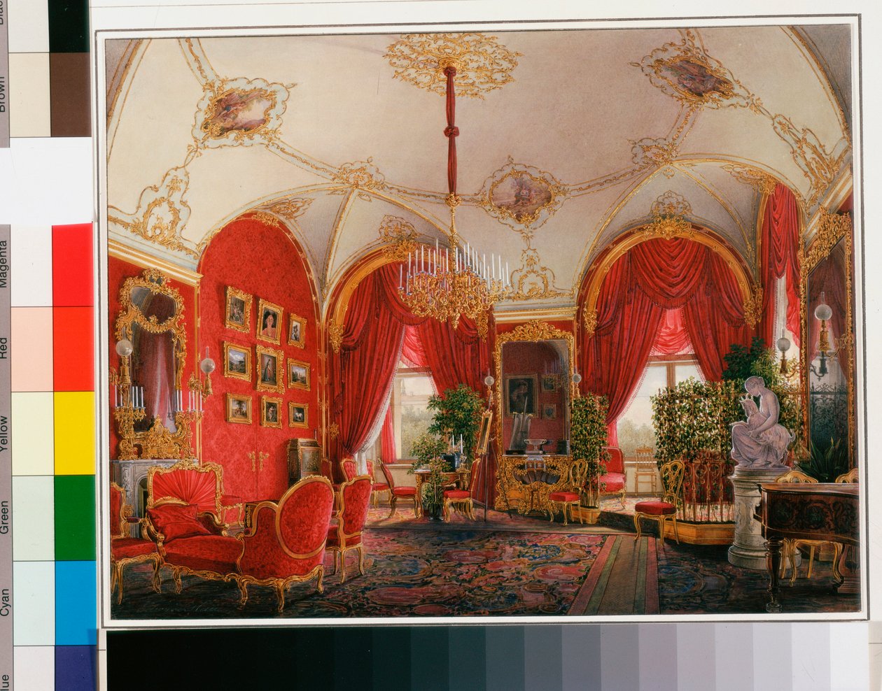 Interiør i Vinterpalasset (Palais d'hiver a Saint Petersbourg): Den fjerde reserverte leiligheten - Hjørnerommet - Akvarell på papir av Eduard (Edouard) Hau (1807-1887) - Midten av 1800-tallet - Dim 27,2x35 cm - State Eremitage, St Petersburg av Eduard Hau