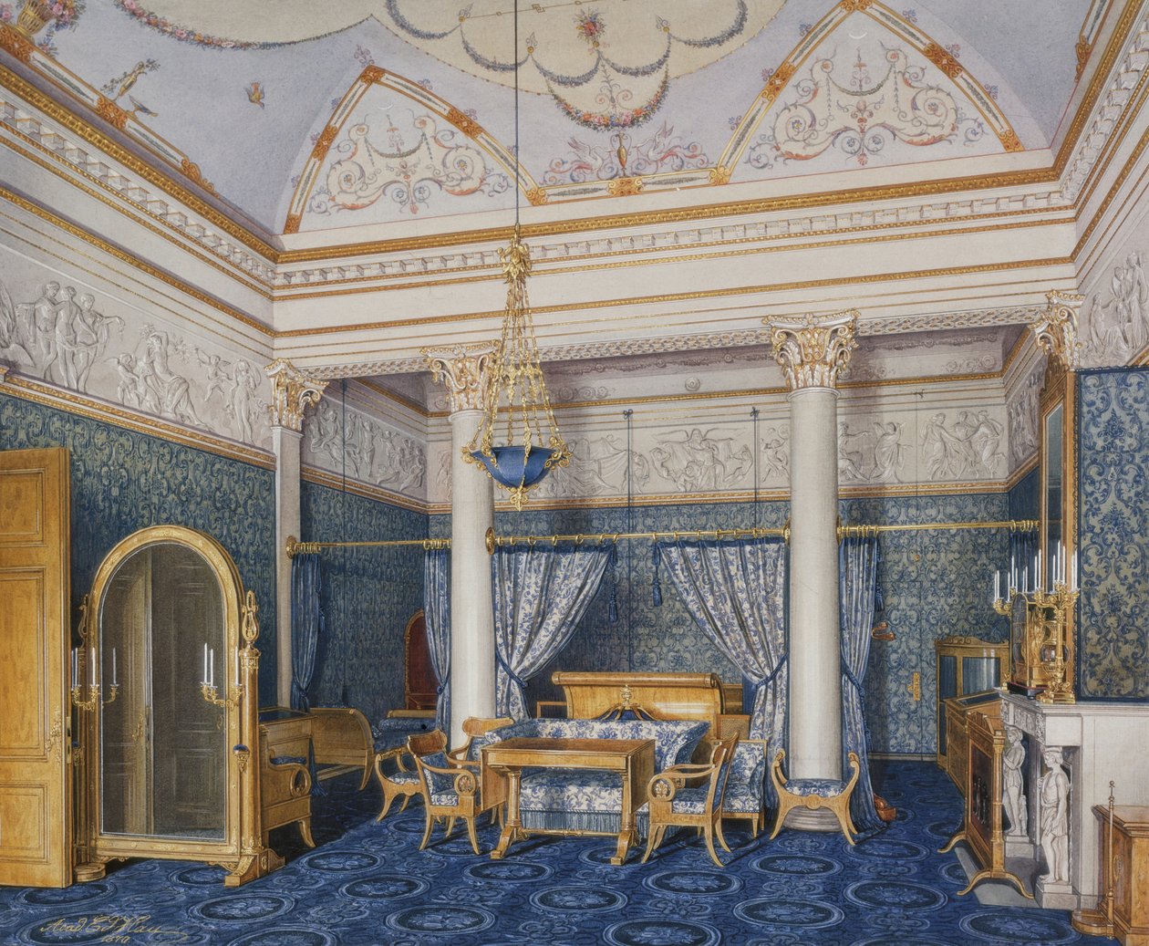 Interiør av Vinterpalasset. Sengekammeret til keiserinne Alexandra Fyodorovna, 1870 av Eduard Hau