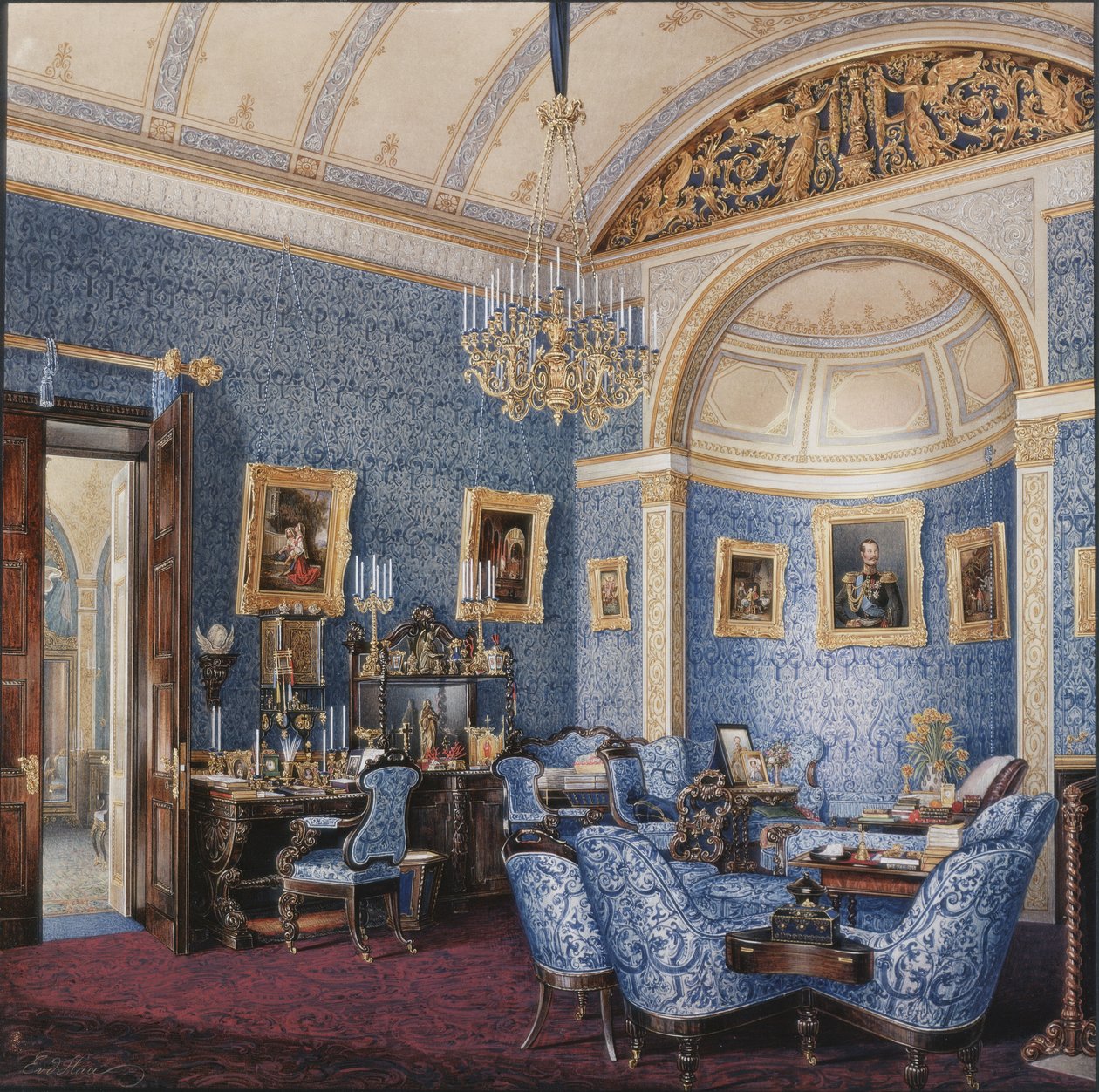 Interiør av Vinterpalasset. Boudoiren til keiserinne Maria Alexandrovna, 1850-tallet av Eduard Hau