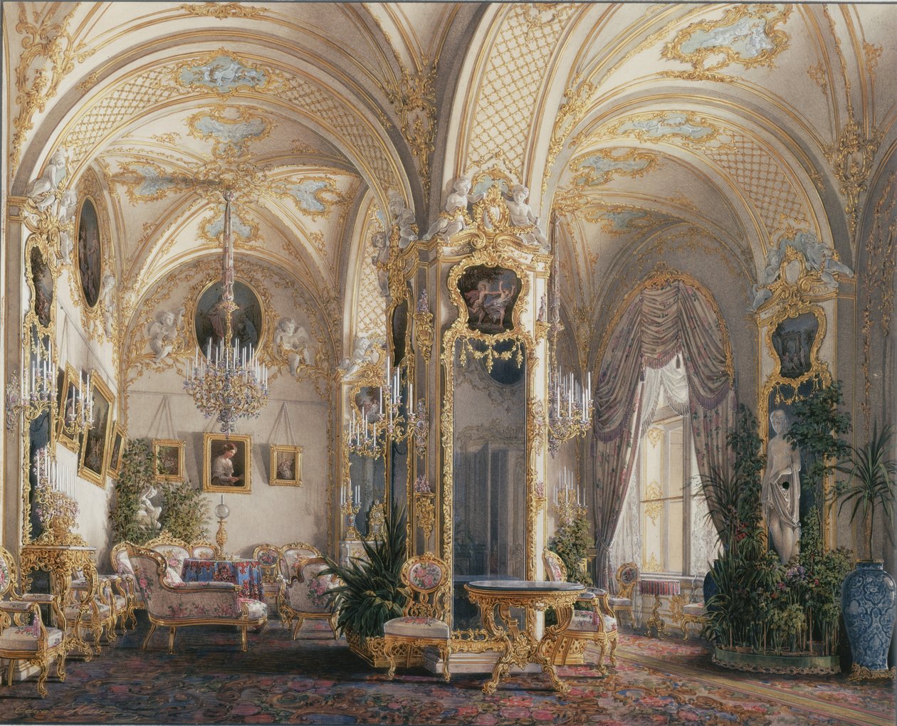 Interiør av Vinterpalasset. Salongen i rokokkostil med amoriner, 1860-tallet av Eduard Hau