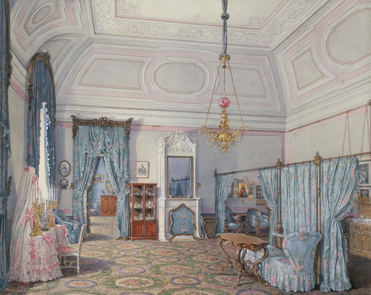 Interiør av Vinterpalasset. Den femte reserverte leiligheten. Soverommet til storprinsesse Maria Alexandrovna, 1873 av Eduard Hau