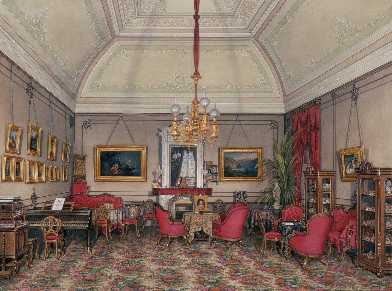 Interiør av Vinterpalasset. Den femte reserverte leiligheten. Salongen til storprinsesse Maria Alexandrovna, 1874 av Eduard Hau
