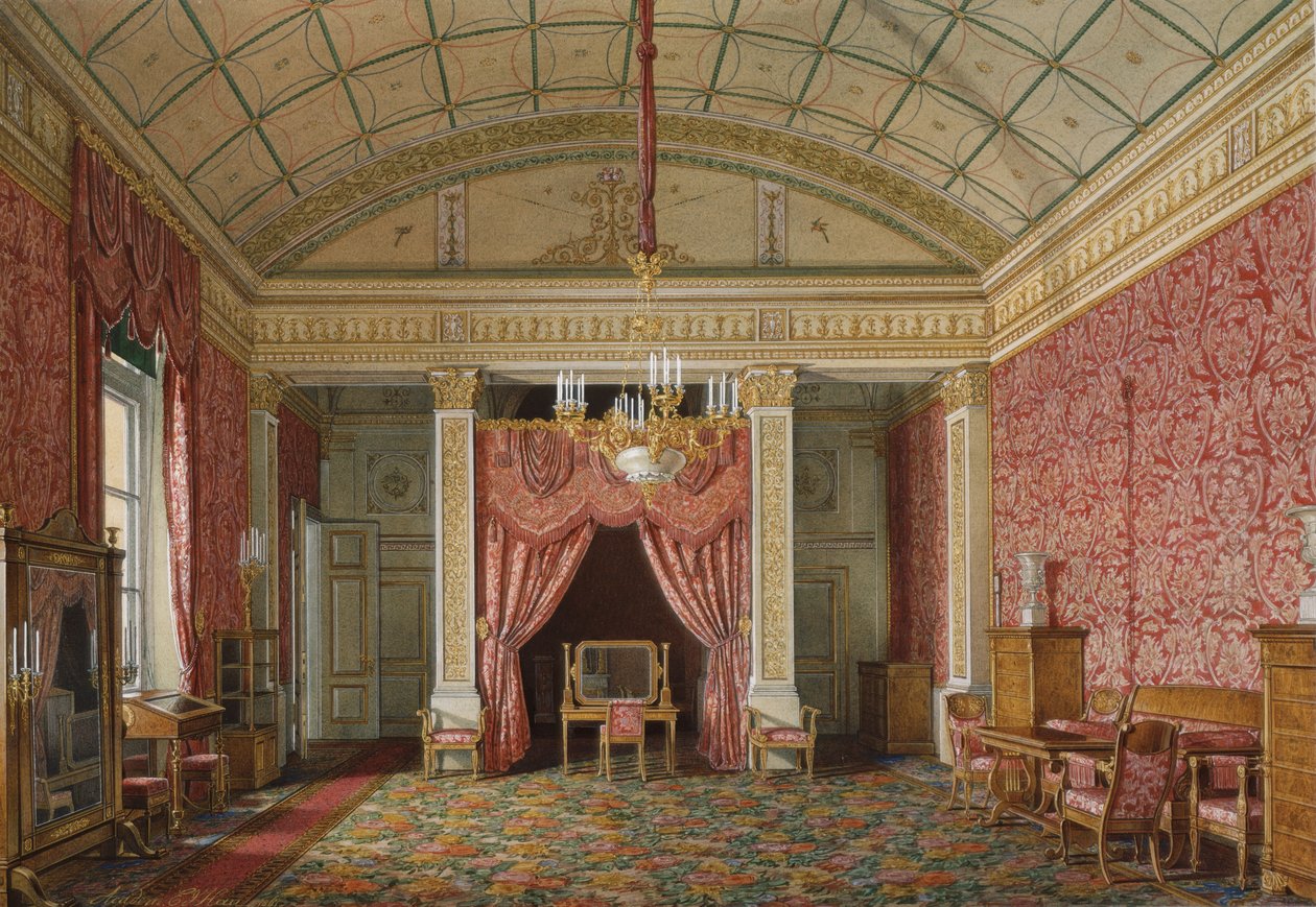 Interiør av Vinterpalasset. Den første reserverte leiligheten. Soverommet til storprinsesse Maria Nikolayevna, 1867 av Eduard Hau