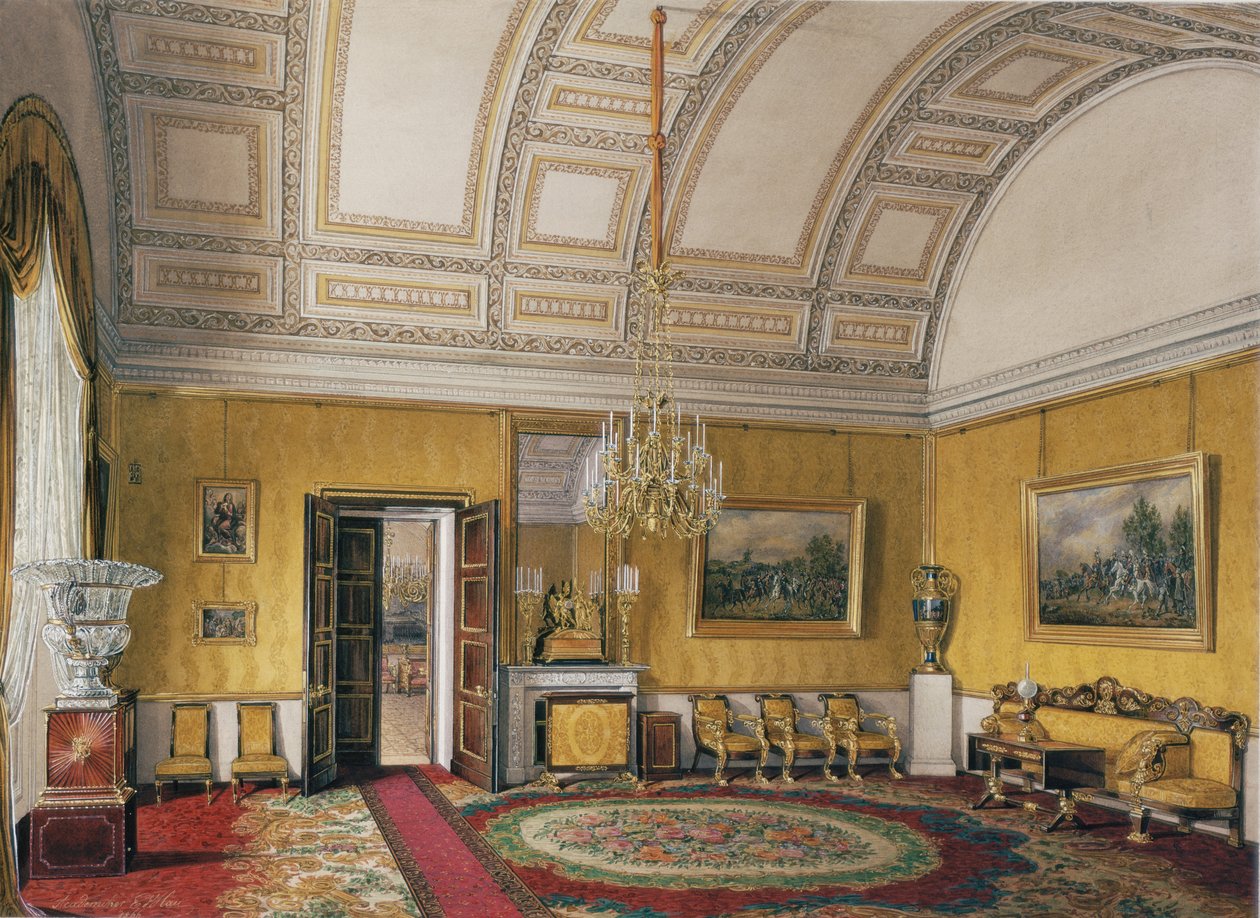 Interiør av Vinterpalasset. Den første reserverte leiligheten. Den gule salongen til storprinsesse Maria Nikolayevna, 1866 av Eduard Hau