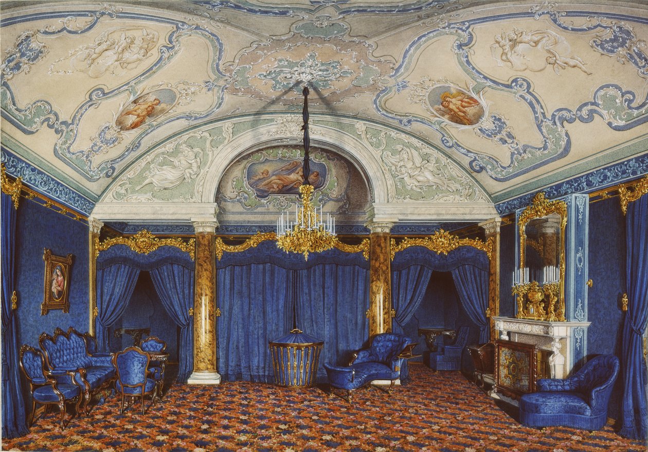 Interiør av Vinterpalasset. Den fjerde reserverte leiligheten. Et soverom, 1868 av Eduard Hau