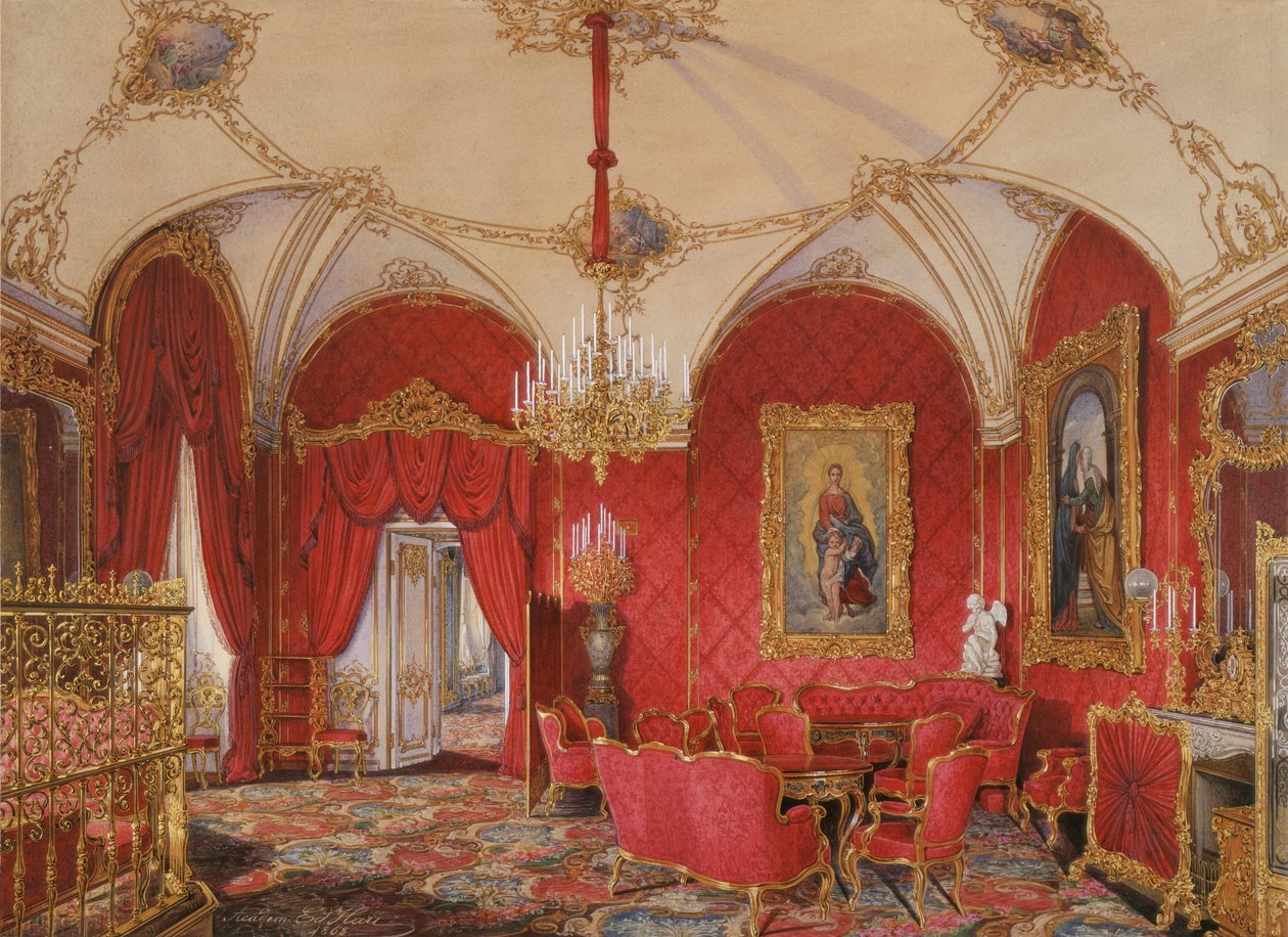 Interiør av Vinterpalasset. Den fjerde reserverte leiligheten. Hjørnerommet, 1868 av Eduard Hau