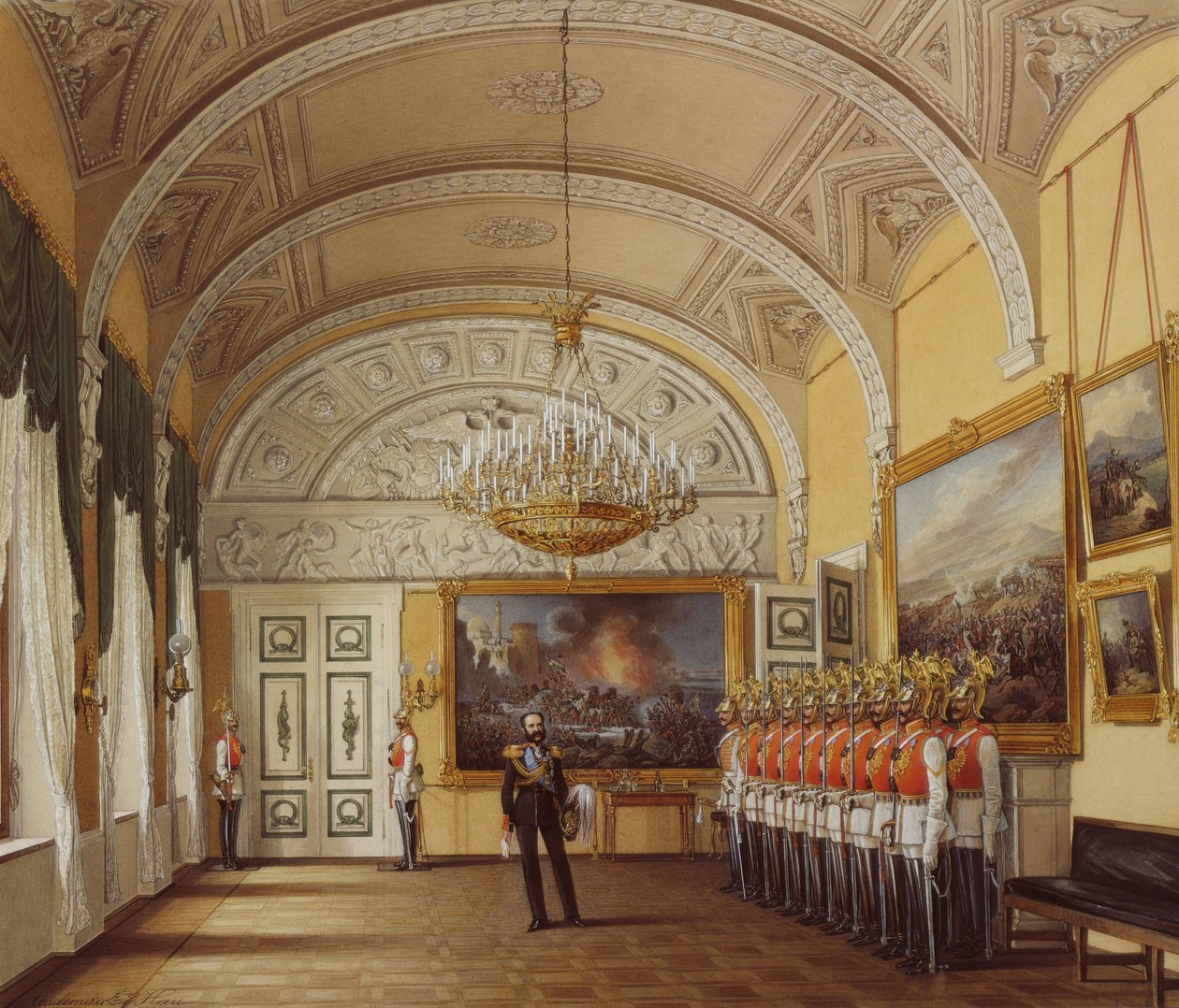 Interiør av Vinterpalasset. The Guardroom, 1864 av Eduard Hau