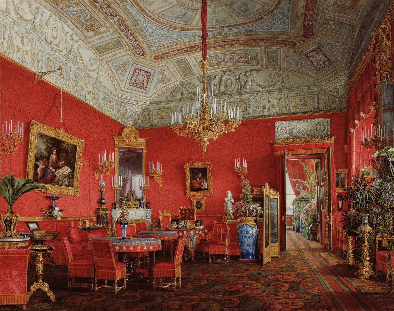Interiør av Vinterpalasset. Den store salongen til keiserinne Alexandra Fyodorovna, 1858 av Eduard Hau