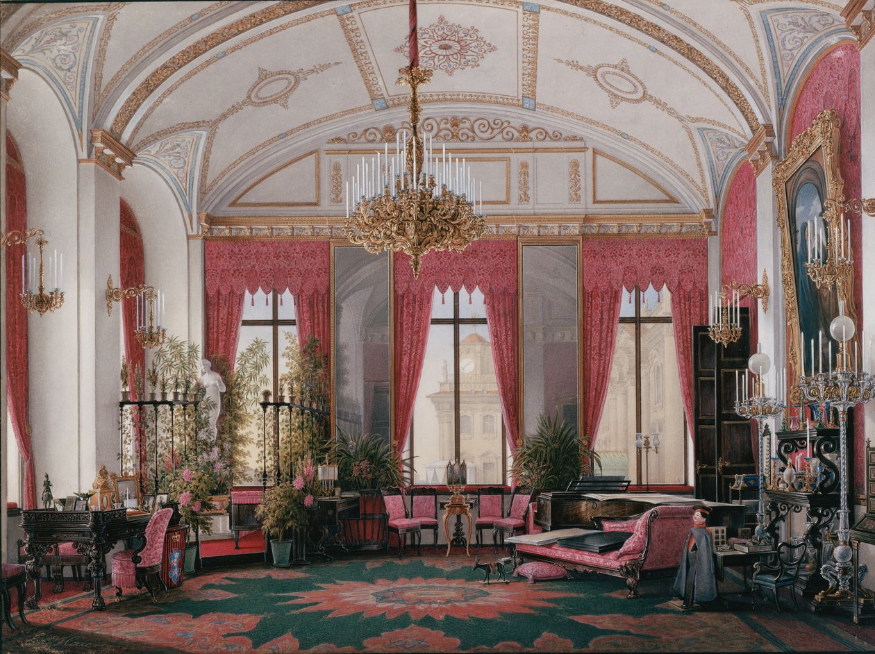 Interiør av Vinterpalasset. Bringebærstudiet til keiserinne Maria Alexandrovna, 1860-tallet av Eduard Hau