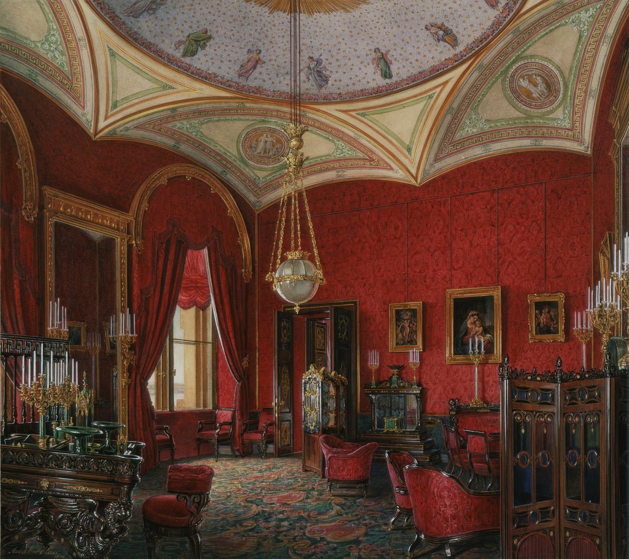 Interiør av Vinterpalasset. Studiet av keiserinne Alexandra Fyodorovna, midten av det 19. århundre. av Eduard Hau