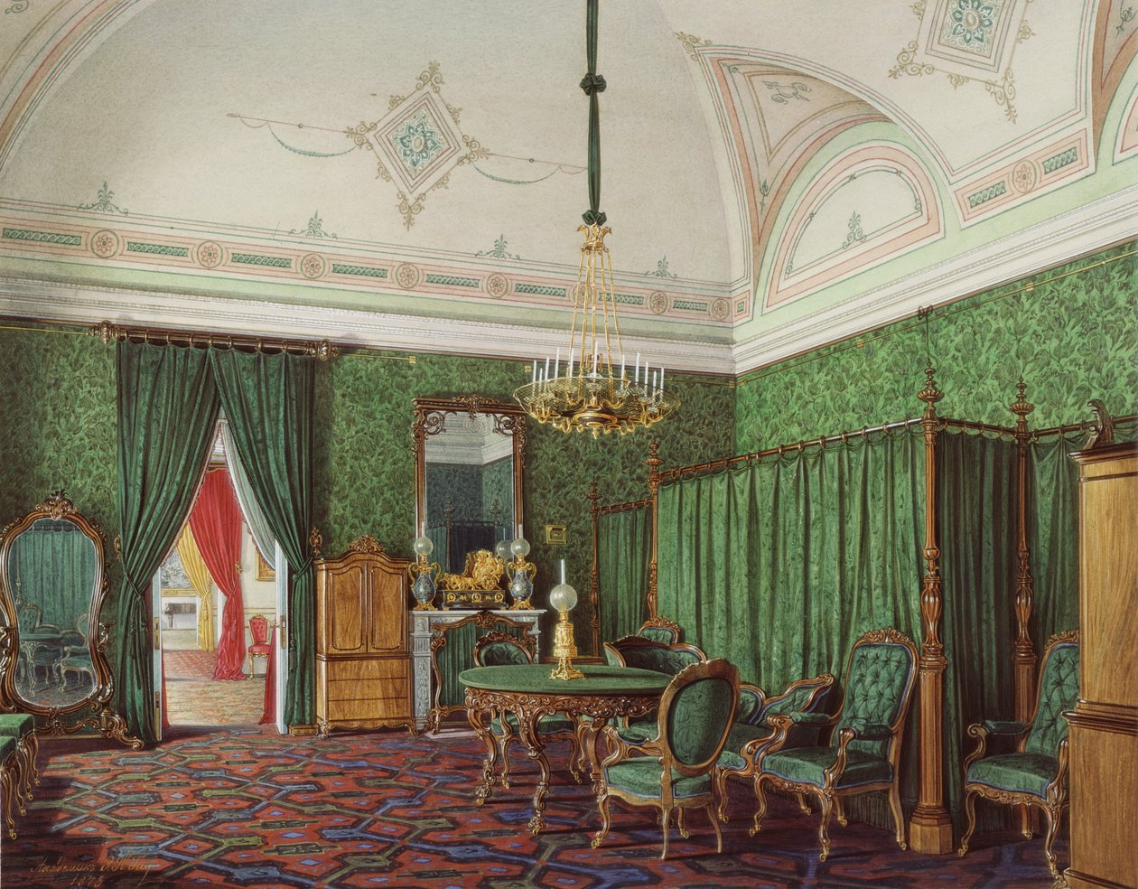 Interiør av Vinterpalasset. Den tredje reserverte leiligheten. Et soverom, 1873 av Eduard Hau