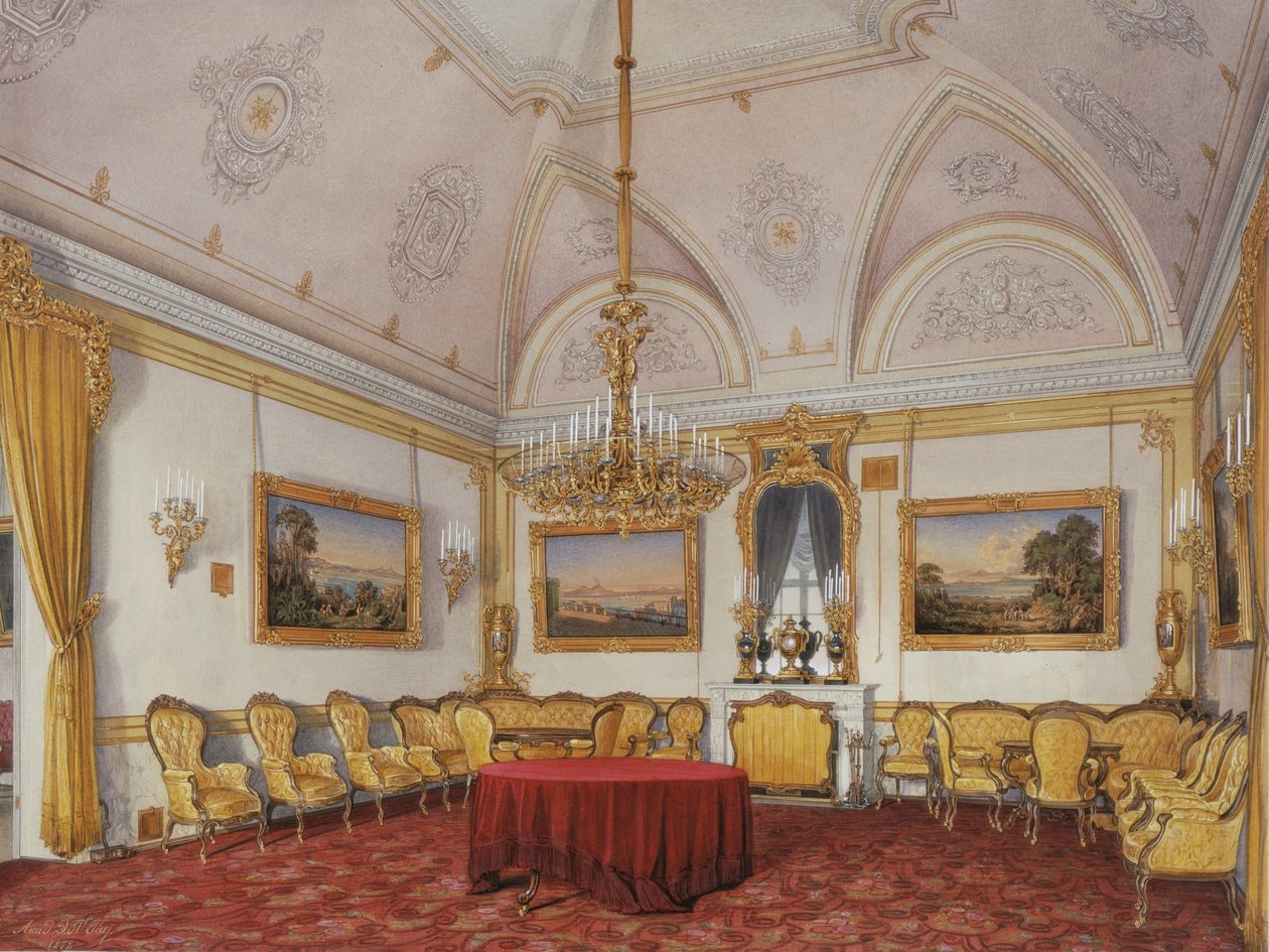 Interiør av Vinterpalasset. Den tredje reserverte leiligheten. Tegnestuen, 1872 av Eduard Hau