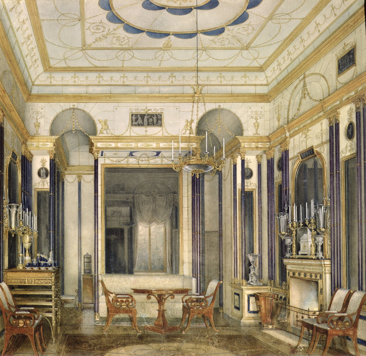 Salongen til keiserinne Maria Alexandrovna i det store palasset i Tsarskoye Selo (wc, gouache og blekk på papir) av Eduard Hau