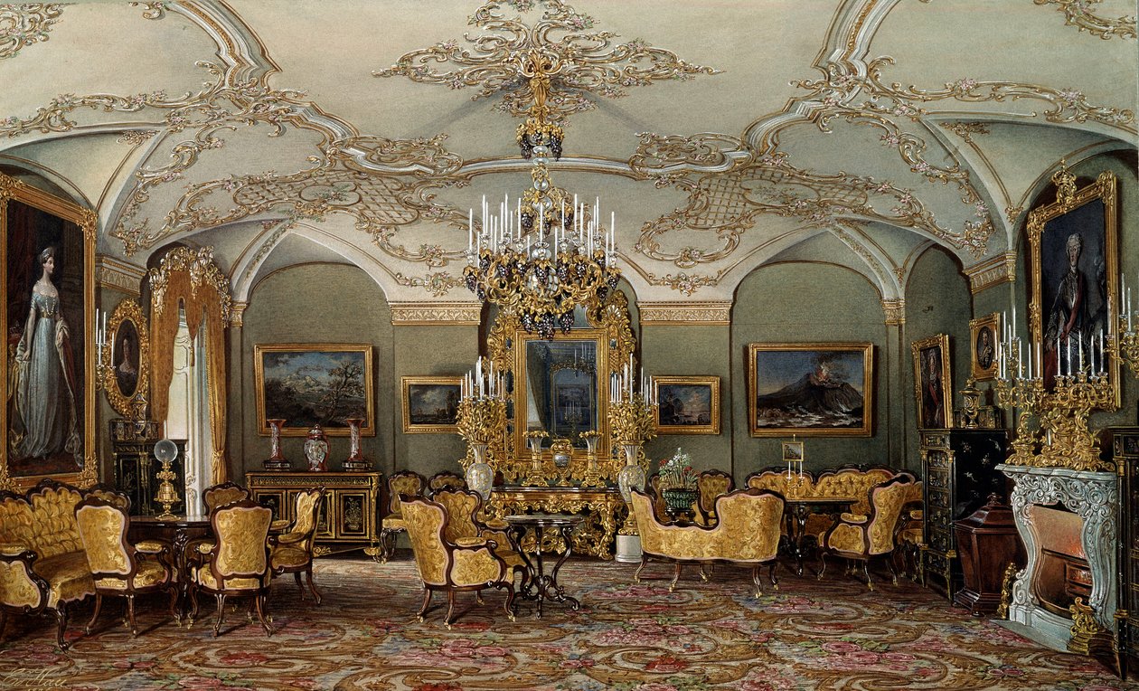 Utsikt over salongen til Alexandra Fyodorovna (Fedorovna eller Feodorovna eller Charlotte av Preussen (1798-1860)), kone til tsar Nicholas I ved Gatchina-palasset. Akvarell tilskrevet Eduard (Edouard) Hau (1807-1870) St. Petersburg fra 1800-tallet, Hermita av Eduard Hau