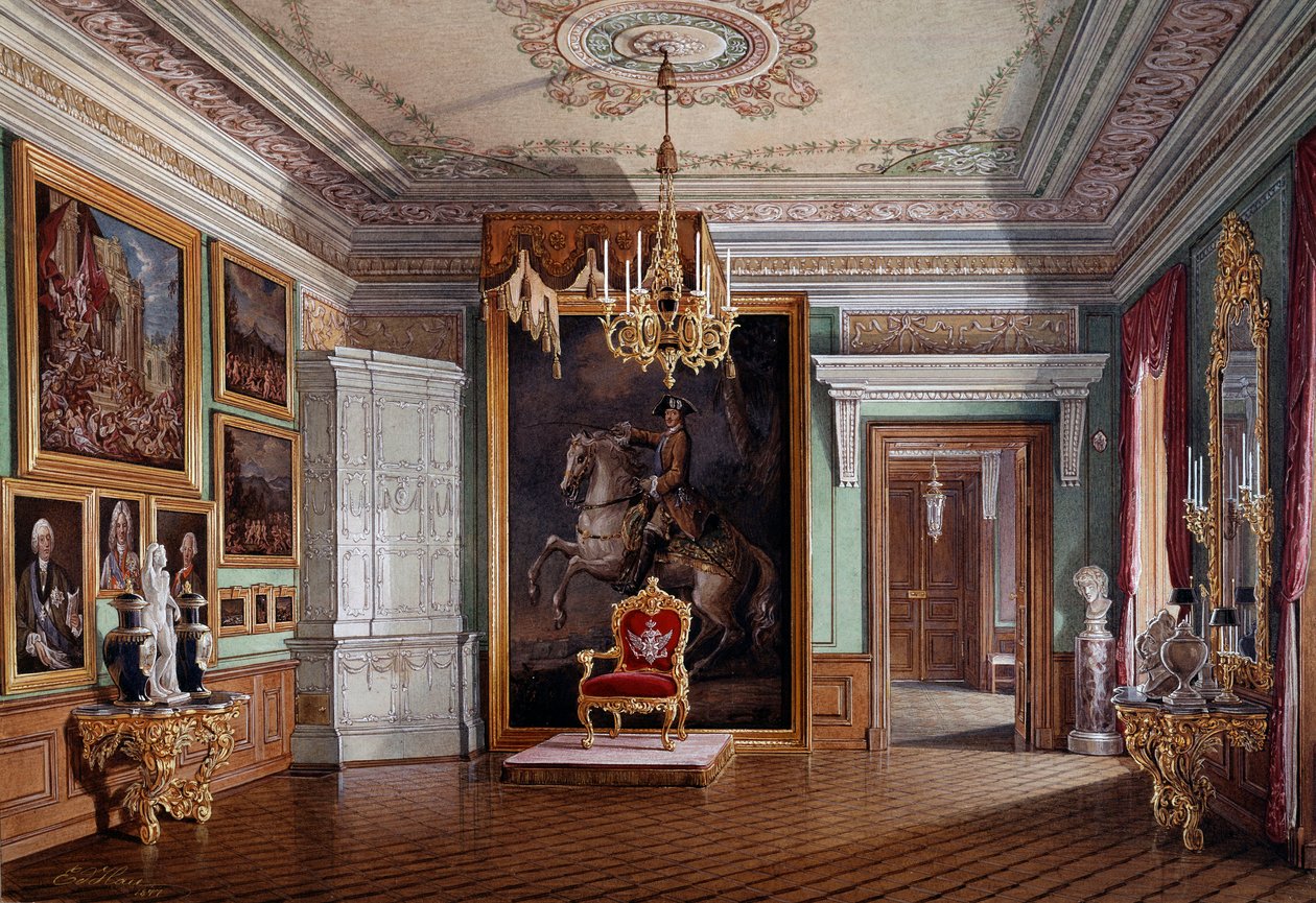 Utsikt over tronrommet til Paul I (1754-1801) i Gatchina, i sentrum portrettet av Peter I Akvarell av Eduard (Edward) Hau (1807-1870) Saint Petersbour fra 1800-tallet, Hermitage Museum av Eduard Hau