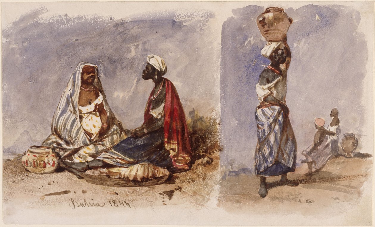 To scener med kvinnelige gateselgere fra Bahia, sittende og stående av Eduard Hildebrandt