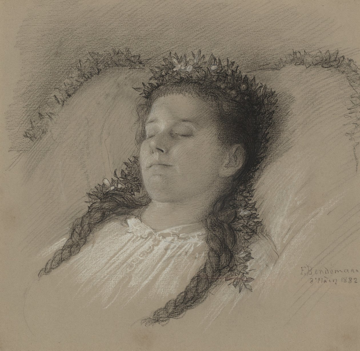 En jente på dødsleie med en krone av blomster av Eduard Julius Friedrich Bendemann