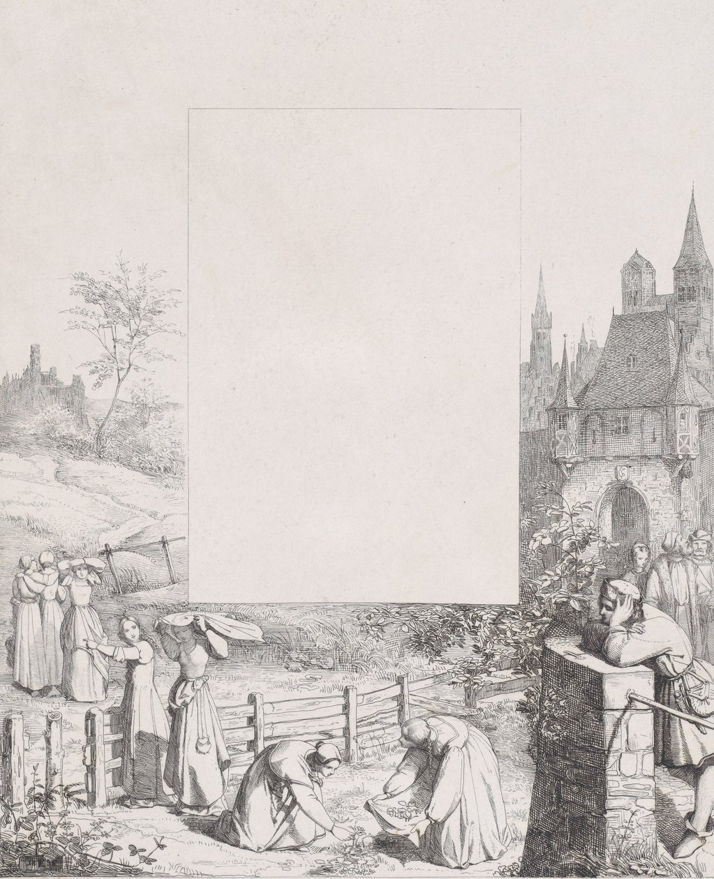 Plate 5: kvinner som samler planter og bærer dem over hodet, en mannlig tilskuer på ri..., 1836. av Eduard Julius Friedrich Bendemann