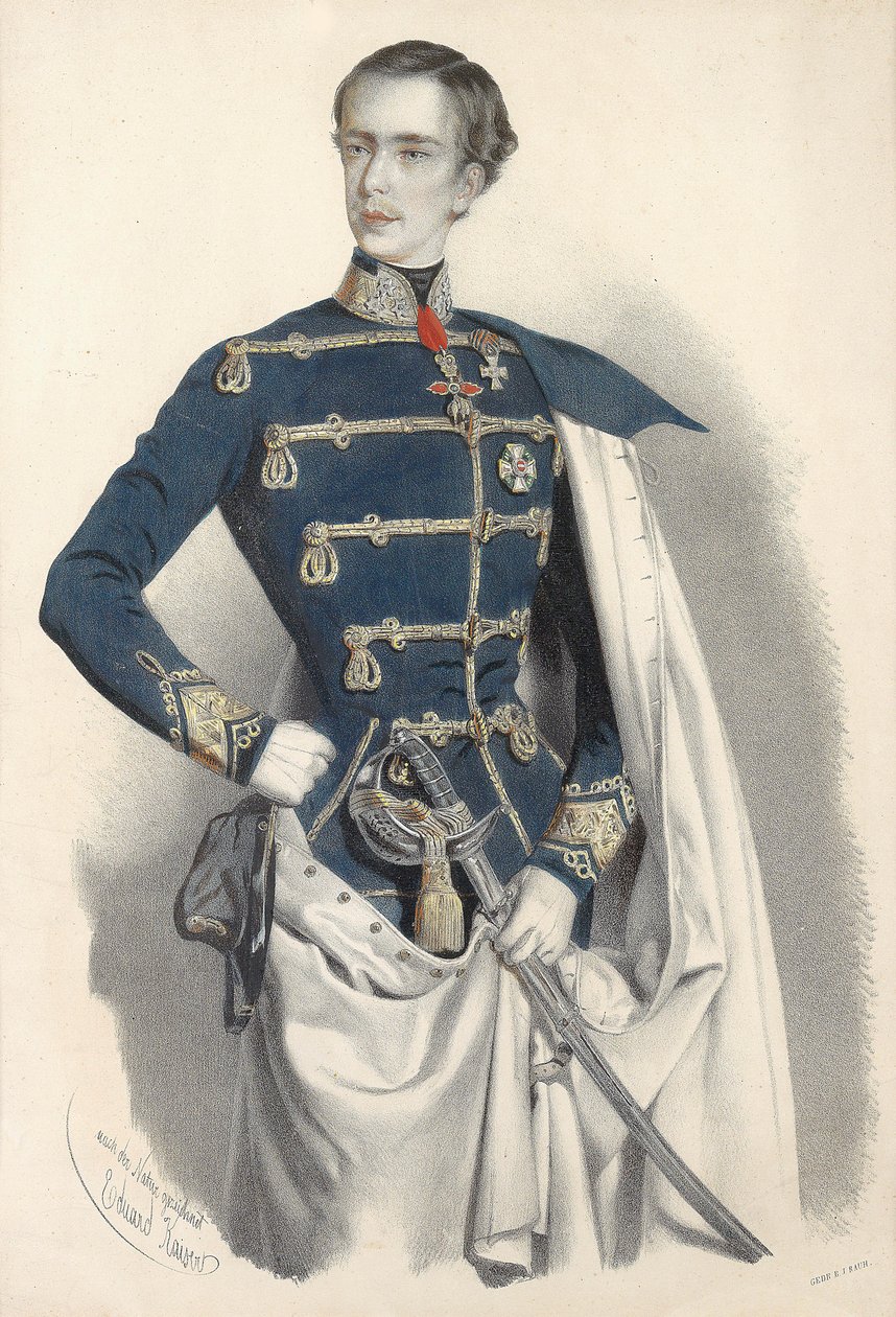 Portrait of Emperor Franz Joseph I of Austria, in Hungarian uniform, c. 1850.    1198357   no       norwegian Successfully Translated  Original: Lake in fog (oil on canvas) Translat: Lake in fog (oil on canvas) 1319730 no norwegian Successfully Translated  av Eduard Kaiser