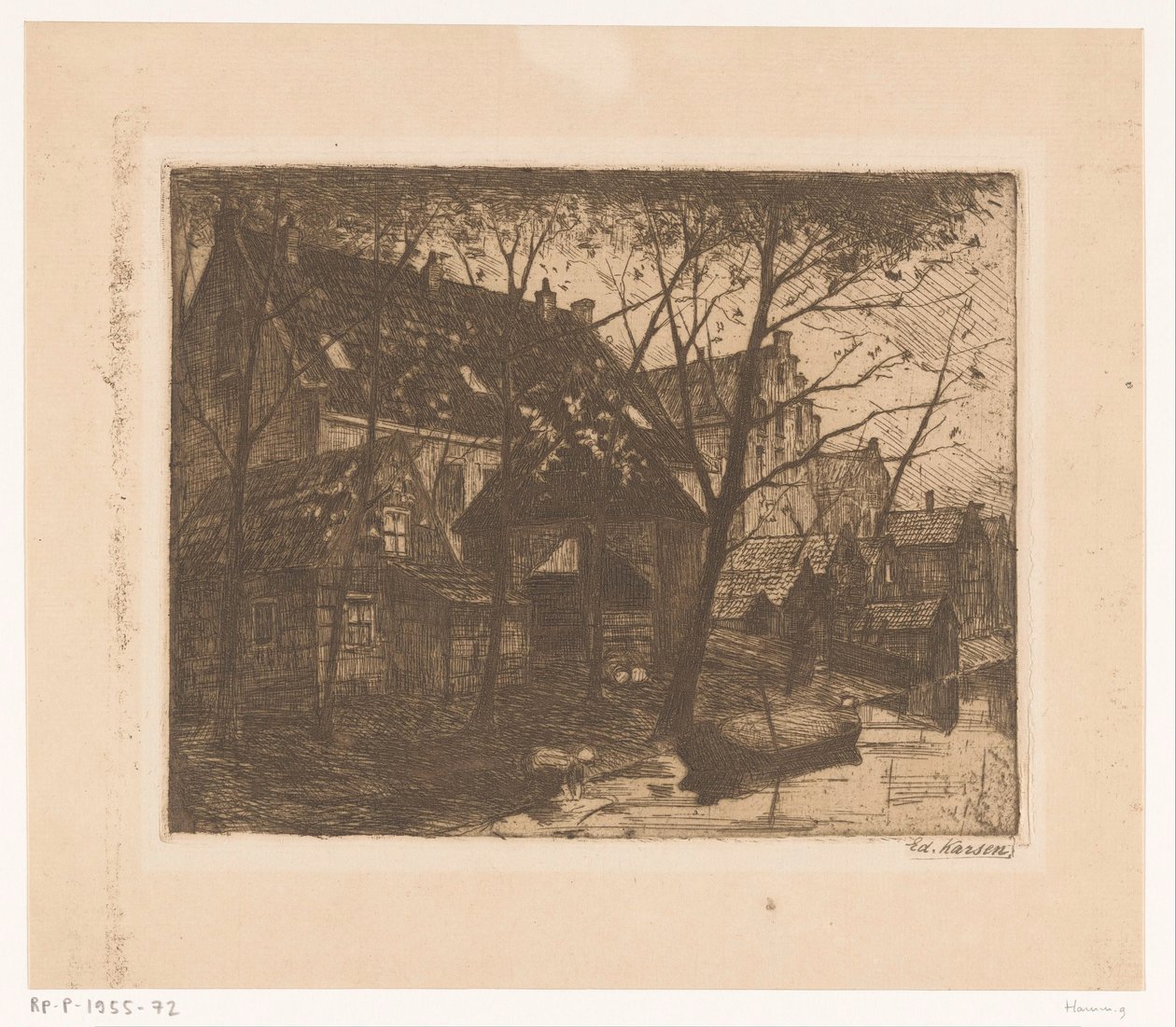 Bakside av hus langs vannet av Eduard Karsen (signed by artist)