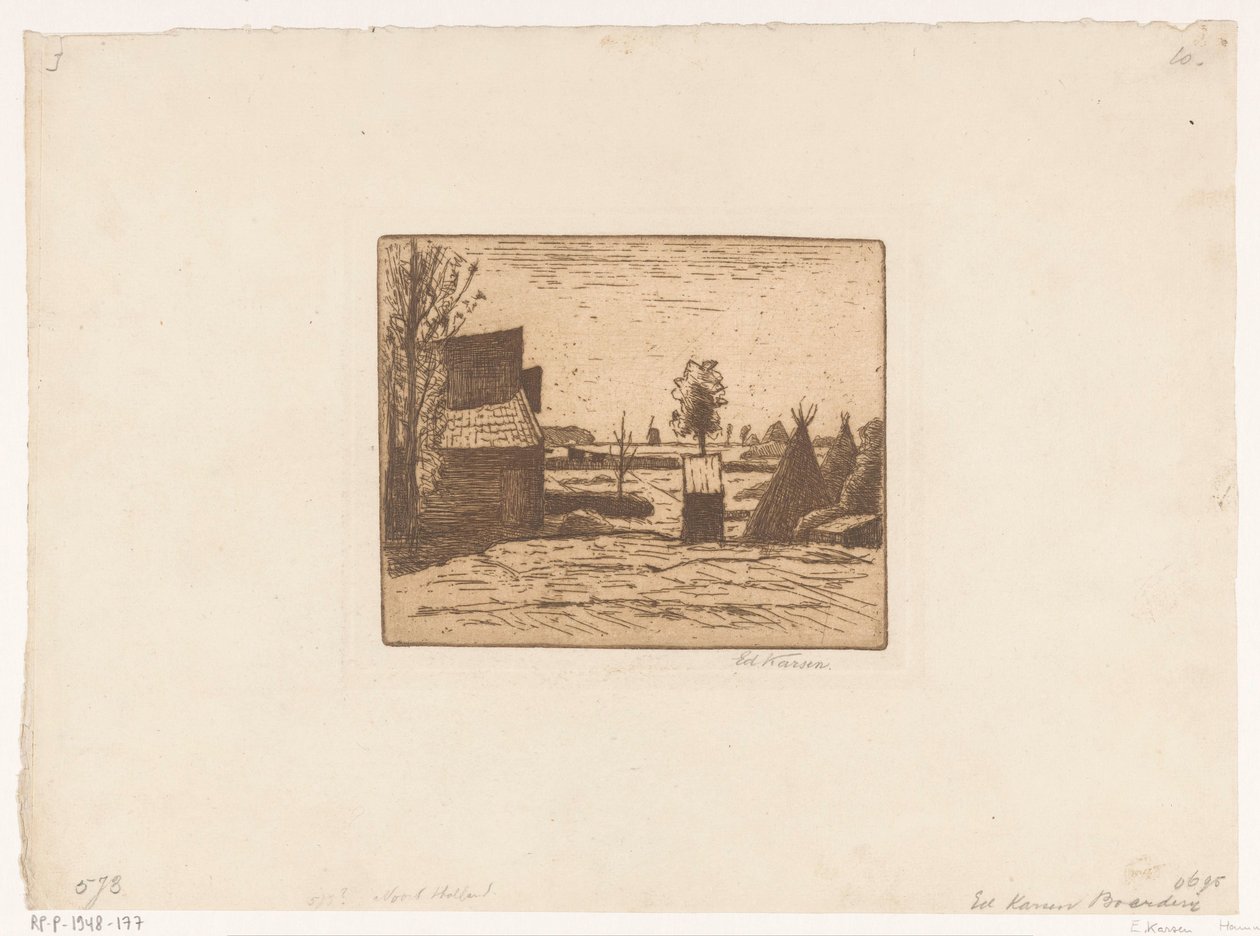 Gårdstun med låve og høyskår Gård (tittel på objekt) av Eduard Karsen (signed by artist)