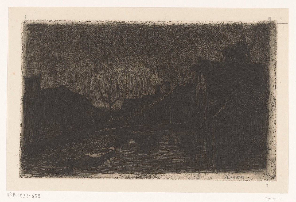 Landskap med hus og mølle om natten av Eduard Karsen (signed by artist)