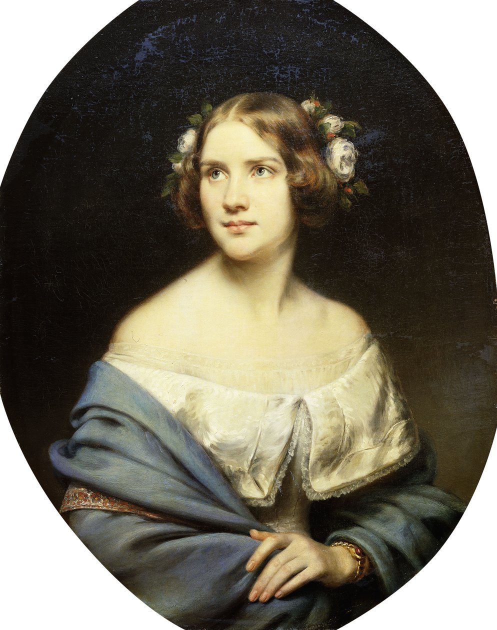 Portrett av Jenny Lind, stående halvlengs i en hvit kjole og et lyseblått sjal, av Eduard Magnus