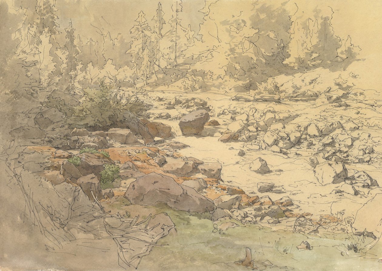 Landskap med steiner i en elv nær Kronau, 1800-begynnelsen av 1900-tallet. av Eduard Peithner von Lichtenfels
