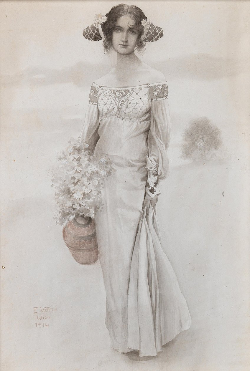 En jente med en kanne og en blomsterbukett, 1914. av Eduard Veith
