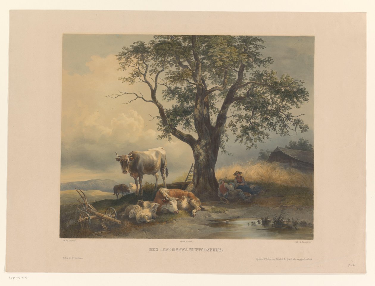 Figurer med storfe som hviler i et landskap Des Landmanns Mittagsruhe (tittel på objekt) av Eduard Weixlgärtner