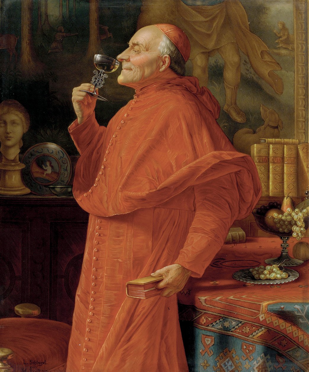 Kardinal undersøker buketten av en hvitvin (i et venetiansk glass). Rundt 1900. av Eduard von Grutzner