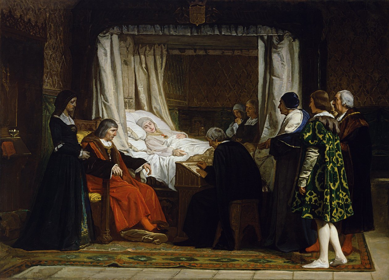 La Reine Isabelle la Catholique dicte son testament - Dronning Isabella I av Castilla dikterer hennes siste vilje og testamente - Maleri av Eduardo Rosales Gallina (1836-1873) - 1864 - Olje på lerret - 290x400 - Museo del Prado, Madrid av Eduardo Rosales