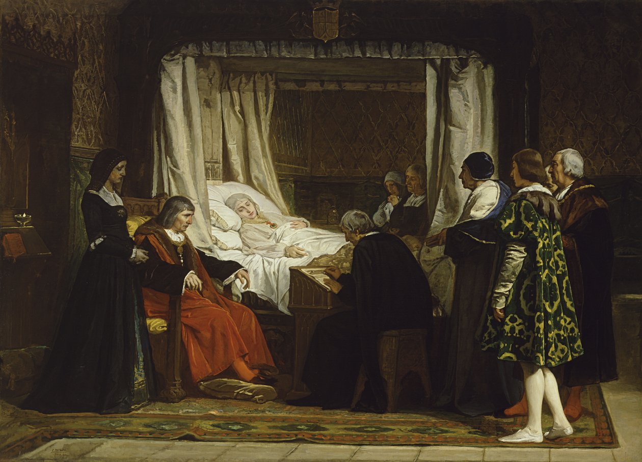 Dronning Isabella I av Castilla dikterte hennes siste vilje og testamente, 1864 av Eduardo Rosales Gallina
