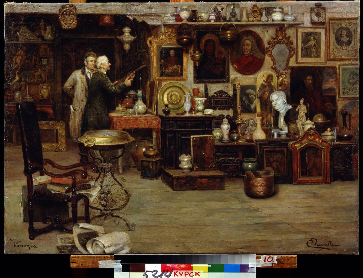 Nysgjerrighetsbutikken. Maleri av Eduardo Vianella (1800-tallet). Olje på lerret, 63,2 x 88,7 cm. Italiensk kunst fra 1800-tallet. Regionalt A.Deneik kunstgalleri, Kursk. av Eduardo Vianella