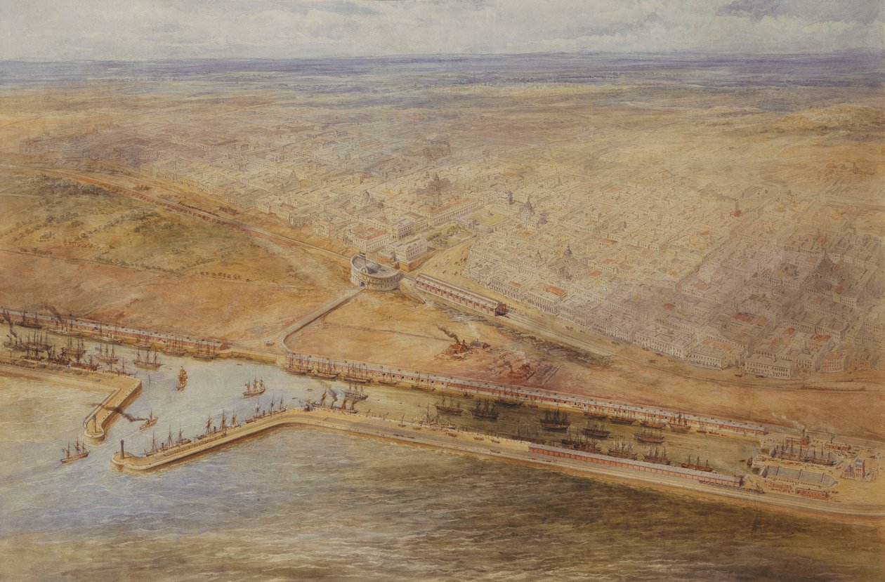 Et fugleperspektiv av havnene i Buenos Aires, av Eduardo de Martino