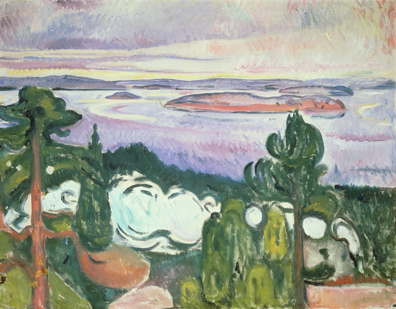 Oslofjord - Northern Beach (Landskap med jernbane, tog, røyk) 1910 av Edvard Munch