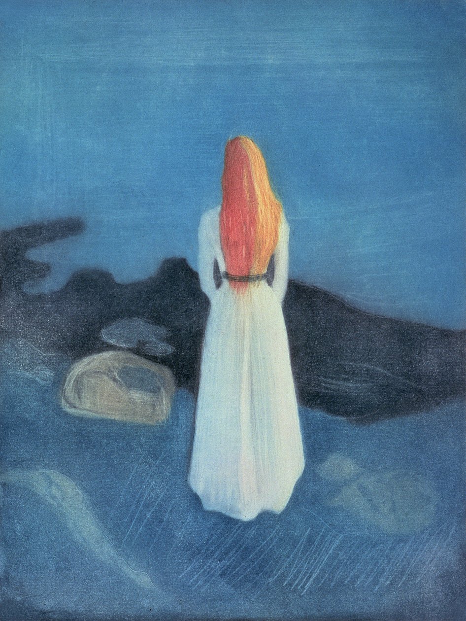 Ung jente på en brygge (farget etsning og skrapet akvatint) av Edvard Munch