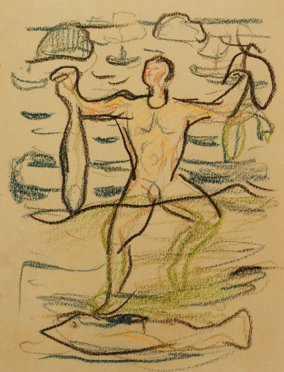 Bader med fisk, ca. 1915-20 (farget kritt) av Edvard Munch