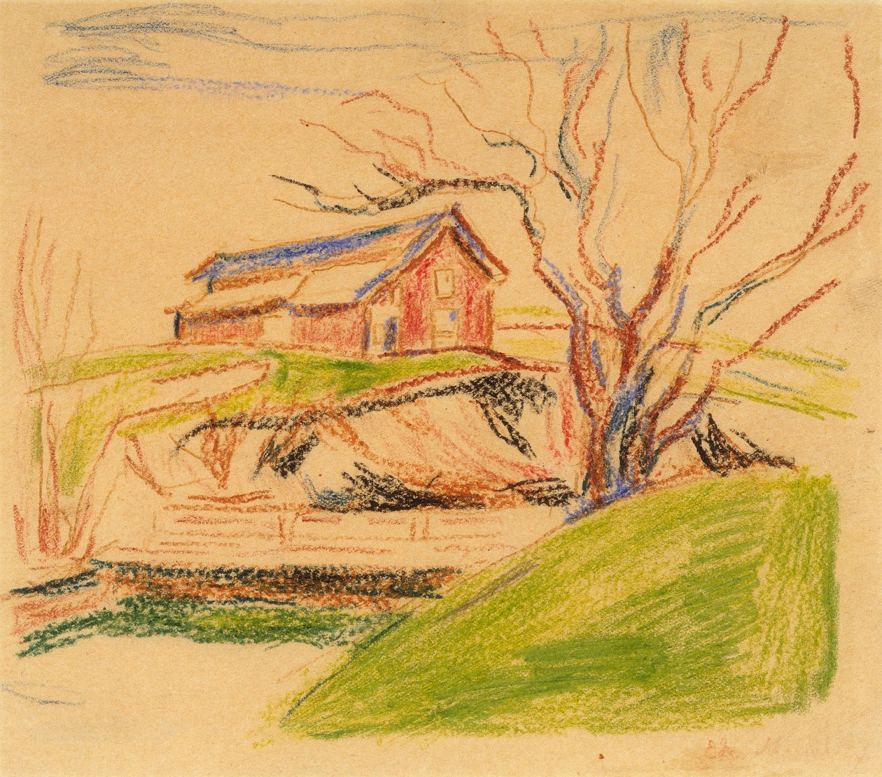 Huset på åsen (fargestift) av Edvard Munch