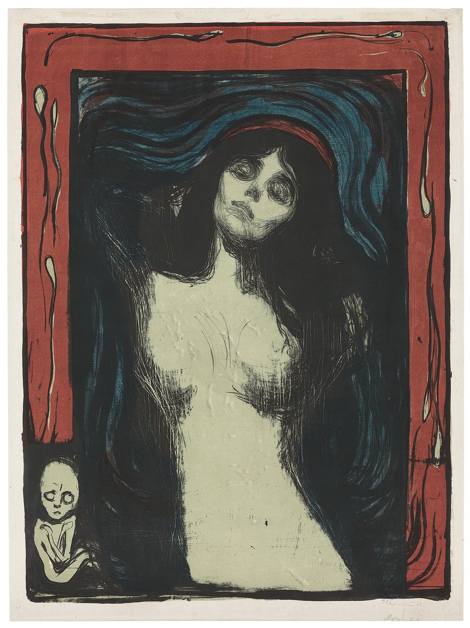 Madonna - Liebendes Weib, ca. 1895-1902 (litografi, trykt i svart, rødt, blått og jadegrønt på hvitt) av Edvard Munch