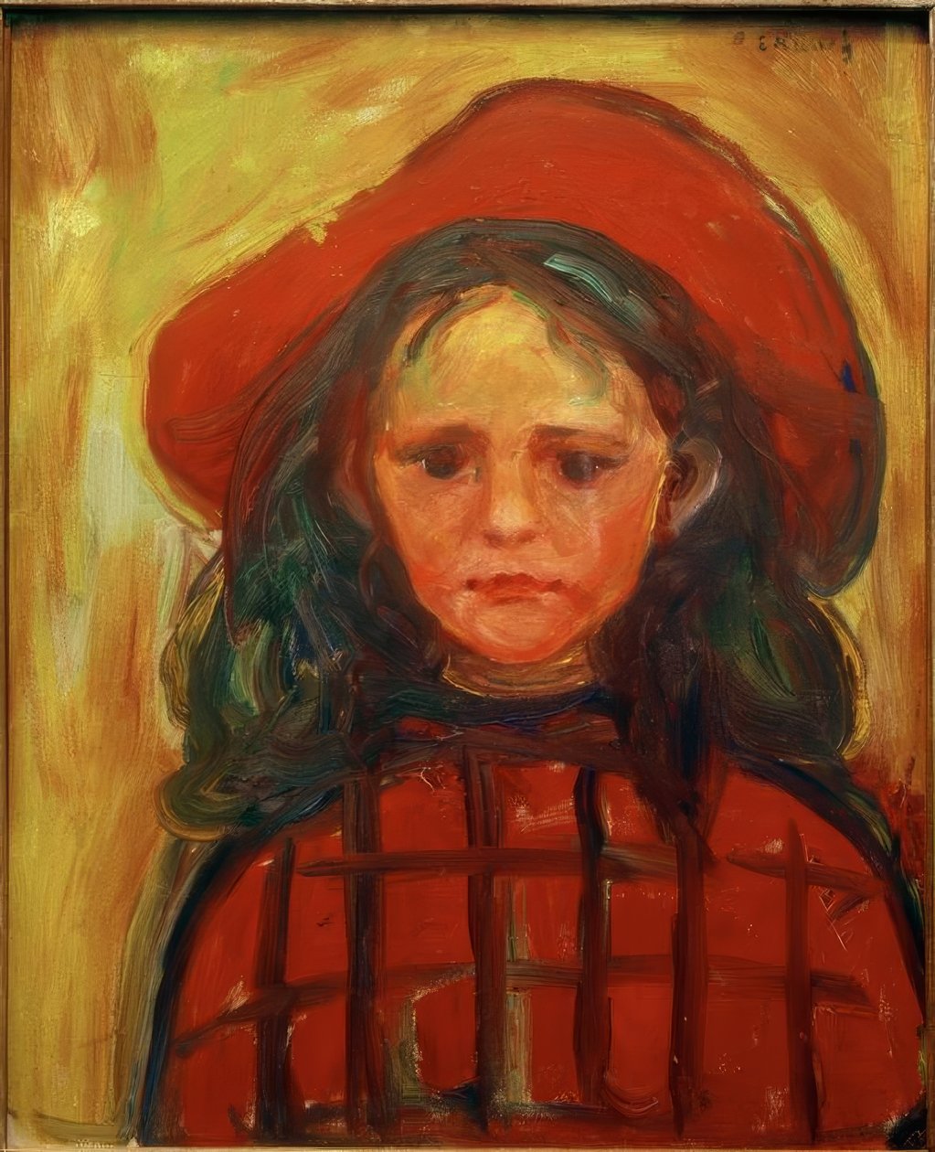 Jente med rødrutete kjole og rød lue av Edvard Munch