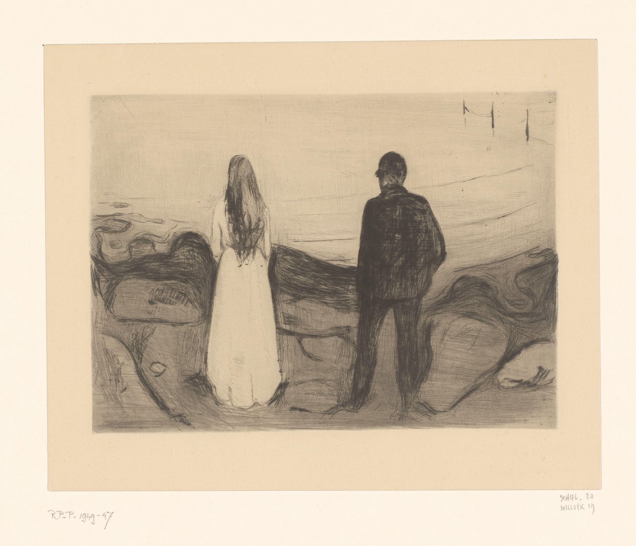 Mann og kvinne står på kysten To personer (original tittel) av Edvard Munch