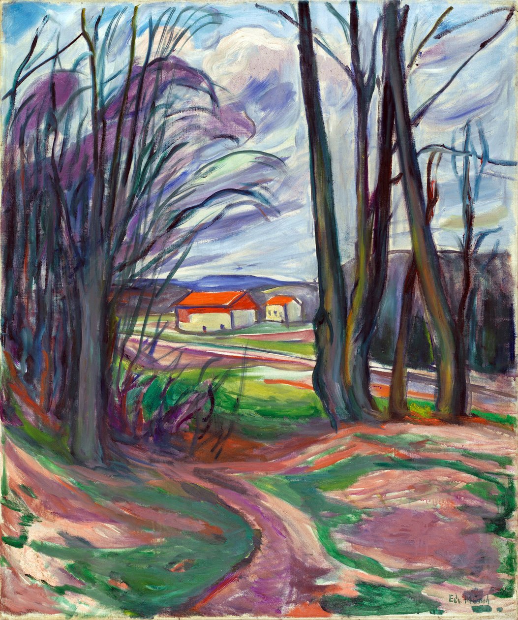 Landskap på Skoyen (Oslo, Norge). Maleri av Edvard Munch (1863-1944), olje på lerret, rundt 1920. Norsk kunst, 1900-tallet, ekspresjonisme. Privat samling. av Edvard Munch